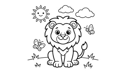Fototapeta premium Cute cartoon lion sitting in a meadow with butterflies and a smiling sun for children coloring book page