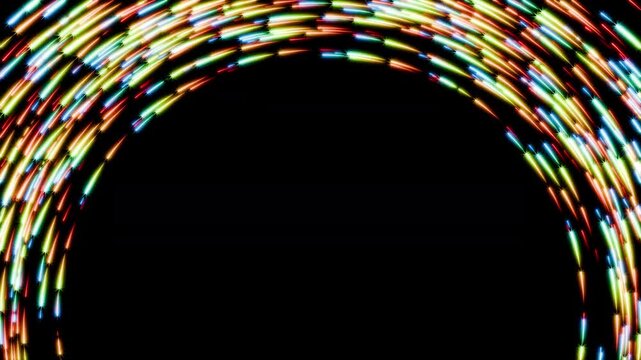 Magical seamless loop animation of colorful star particles moving right to left on black background, forming a glowing archway with copy space for text or logo 3d render