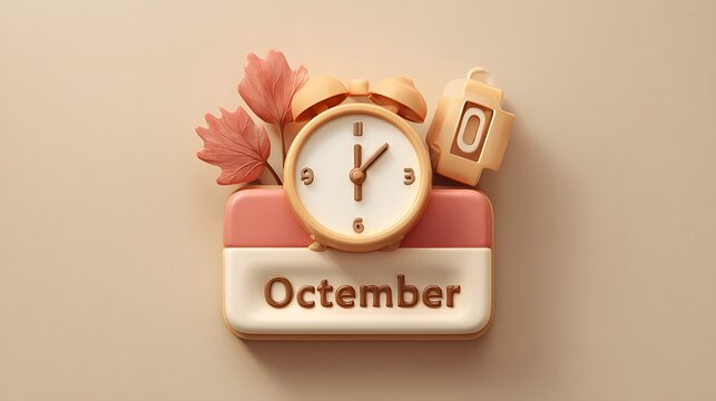 Pink calendar with october month and clock surrounded by red autumn leaves and gold coins