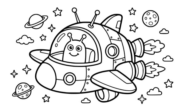 Black and white coloring page for kids featuring a cute alien pilot flying a cartoon spaceship in space