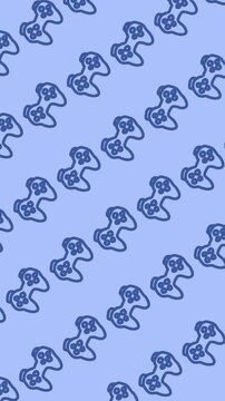 Blue seamless pattern of video game controller doodle line art wallpaper with cute gamepad gaming joystick in an abstract vertical background animation.
