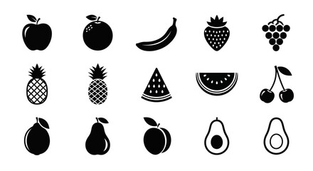 Collection of fresh fruit icons in black silhouette style with including apples pineapples pineapples bananas avocados avocados arranged three © Asim