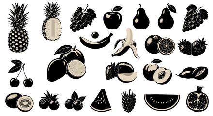 Collection of various fresh fruits in black with fruits including pineapples pineapples apples pears all illustrated black pears grapes bananas © Asim