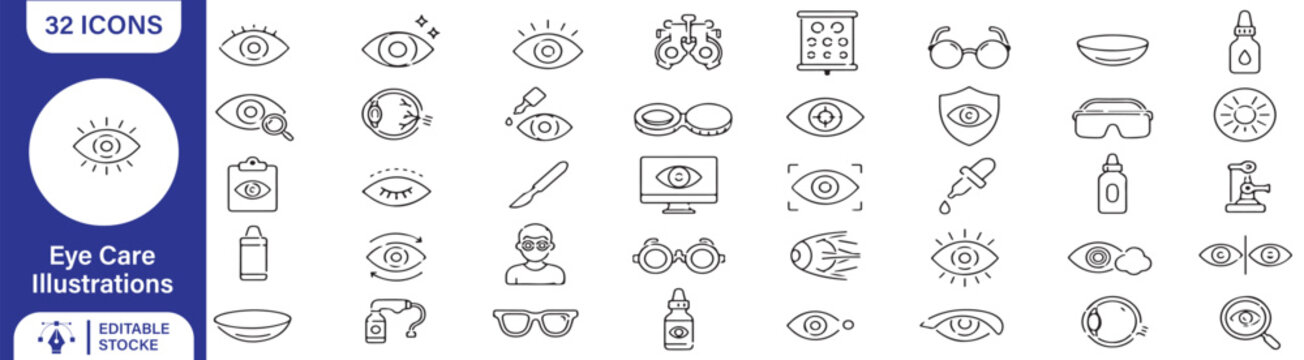 32 Eye Care Vector Outline Icons Set &ndash; Vision, Eye Examination, Eyeglasses, Ophthalmology, Contact Lens and Eye Health Line Symbols Collection