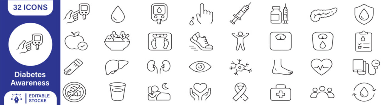 32 Diabetes Awareness Vector Outline Icons Set &ndash; Blood Glucose, Insulin, Diabetes Care, Healthy Lifestyle, Medical Monitoring and Line Symbols Collection