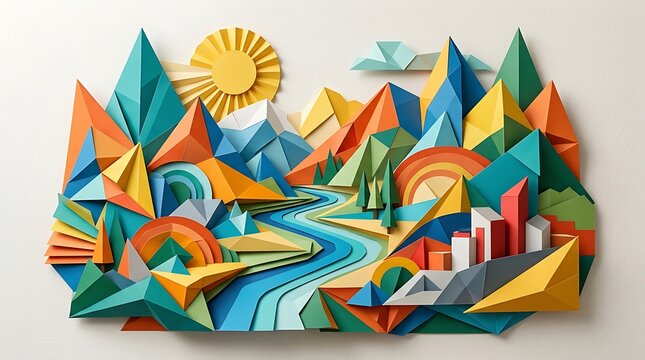 Abstract paper craft landscape with mountains. Colorful 3D origami scenery with river and sun.