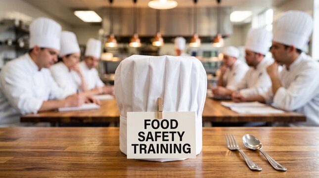 Food safety training sign on chef hat, professional culinary students in white uniforms learning in commercial kitchen, restaurant staff education