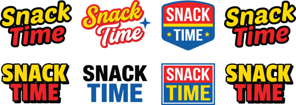 Snack time logo set showing text variations in bold, cursive, and badge styles with stars, outlines, and colorful highlights for food and retail branding flat vector illustration