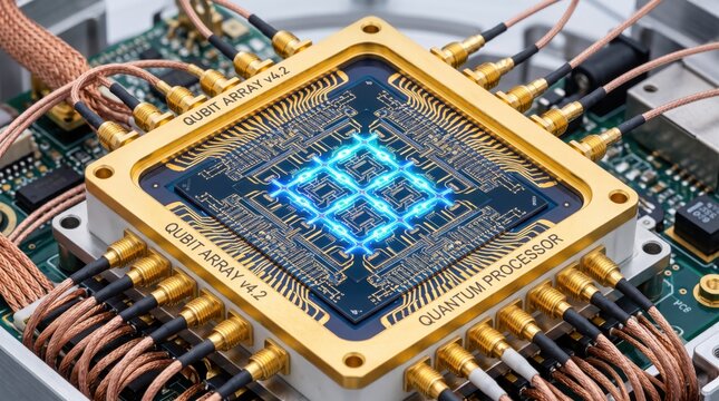 Qubit Array v4.2 Quantum Processor with Golden Frame and Copper Cables, Illuminated Blue Grid Pattern on Dark Substrate, High-Performance Computing Hardware for Data Centers and...