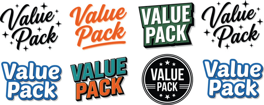Value pack logo set showing text variations in cursive, bold, and badge styles with stars, outlines, 