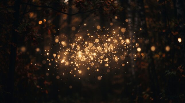 magical sparkling golden bokeh lights floating in dark autumn forest woodland backdrop