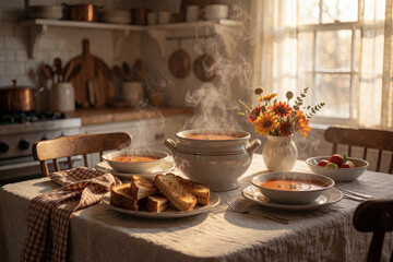 Fototapeta premium Warm soup in a cozy kitchen setting with bread and flowers 
