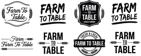 Obraz premium Farm to table logo set featuring wheat, badge, and text variations in rustic and modern styles for organic food and local produce branding flat vector illustration