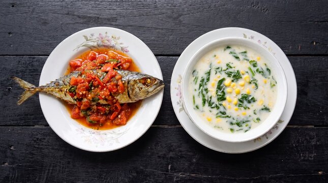 Whole grilled mackerel fish topped with chunky tomato salsa served alongside creamy corn and spinach chowder, overhead rustic shot