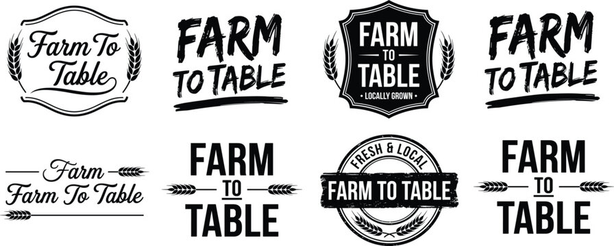 Farm to table logo set featuring wheat, badge, and text variations in rustic and modern styles for organic food and local produce branding flat vector illustration