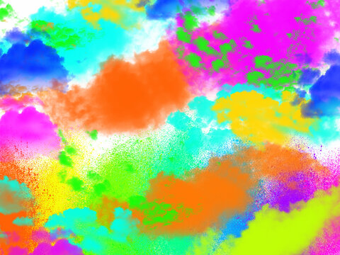 Vibrant multicolored powder explosion creating dynamic abstract clouds against a stark white background for artistic graphic