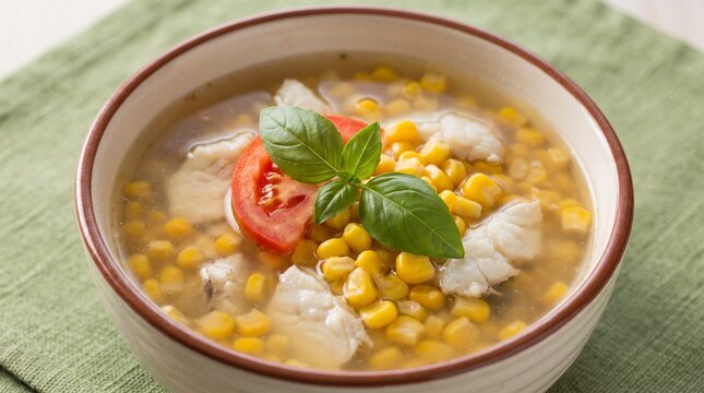 Hearty Chicken Corn Chowder in Rustic Bowl Garnished with Tomato Slice and Fresh Basil, Close-Up Warm Comfort Food Macro Shot