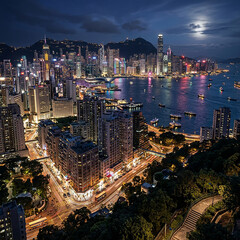 Fototapeta premium Stunning aerial night view of the illuminated hong kong skyline featuring victoria harbour skyscrapers and a bright full moon above