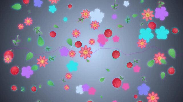 Colorful 2D Animated Flowers and Strawberries Floating on Grey Background