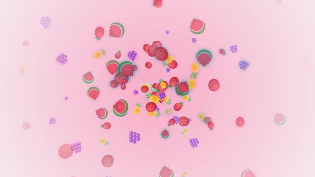 Colorful 2D Animated Fruit Icons Rotating on a Soft Pink Background