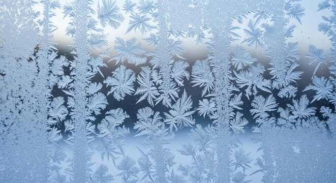 Intricate ice crystal patterns on a window pane with natural soft daylight, macro photography, cold blue winter aesthetic, frozen texture