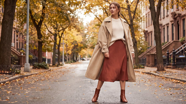 Woman in stylish fall fashion trench coat walking on city street with autumn foliage and brownstone buildings