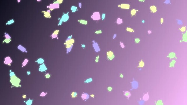Colorful glowing kitchen icons falling against a soft purple background