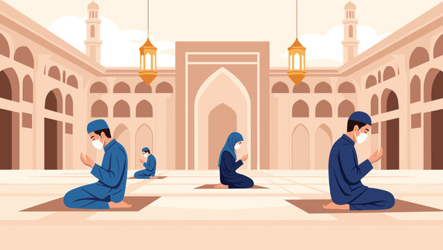 Muslim people wearing face masks praying on rugs in courtyard of beautiful mosque with minarets during pandemic.