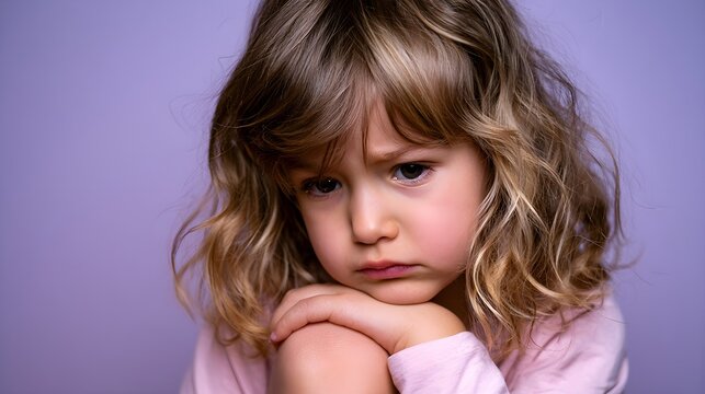 Sad little girl with curly hair looking down. Pensive child feeling lonely or upset. Moody portrait of a young girl on purple background.