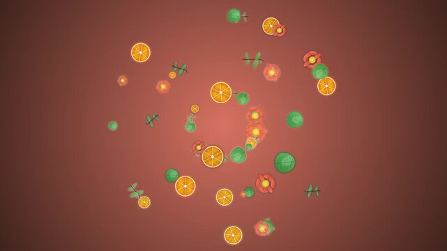Orange slices and tropical flowers spinning in a circular motion pattern