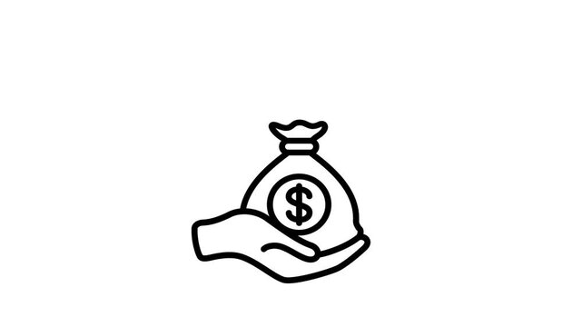Hand holding money bag animated icon for business income, profit, earning, salary or loan. Dollar cash for savings, investment, moneybox, financial management animation symbol. 4K video alpha channel