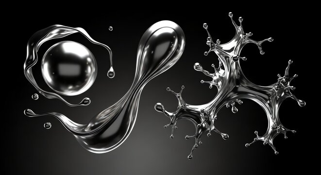 Abstract liquid metallic chrome splashes and a polished sphere isolated on black background cinematic lighting luxury artistic 3d render