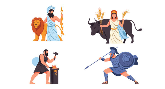 Ancient greek mythology characters including zeus with lightning, demeter with bull, hephaestus at anvil, and ares with shield and spear.