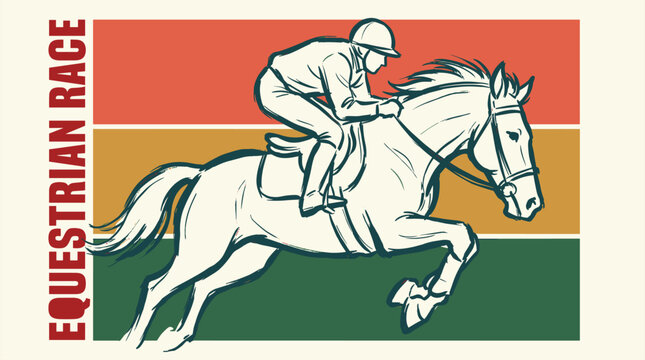 Ride like the wind and win the race. Retro t-shirt design for horse lovers. Jumping horse with jockey athlete silhouette. Vintage poster style with bold line art and stripes.