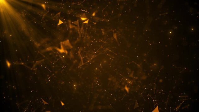 Golden network particle background glowing nodes, polygon links, triangles, and warm digital depth