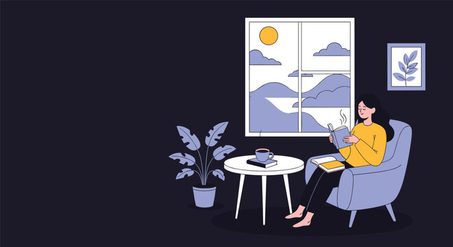 Young serene woman relaxes in a comfortable armchair while reading a book and drinking hot coffee by the window.
