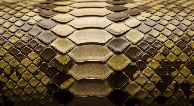 Macro closeup of detailed python snake skin texture featuring geometric scales in warm natural earthy tones and soft dramatic lighting