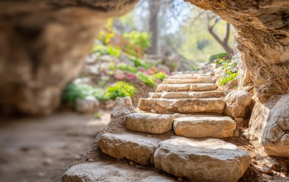 Natural stone step pathway leading out from rocky cave with sunlight
