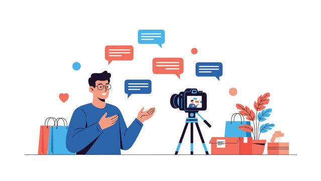 Social media influencer recording a video review of products using a camera on a tripod in a studio.