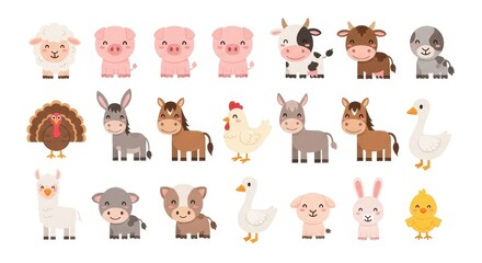 Obraz premium Cute Cartoon Farm Animals Vector Collection - Kawaii Livestock Illustrations for Kids and Educational Design