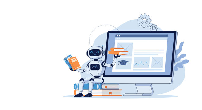 Futuristic artificial intelligence robot sitting on a stack of books and presenting educational courses on a monitor.
