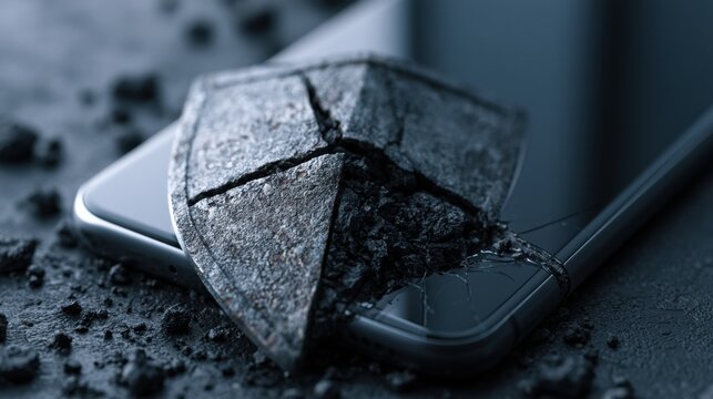 A worn stone shield lies on top of a sleek glass device, showing outdated firmware and a lack of attention to updates.