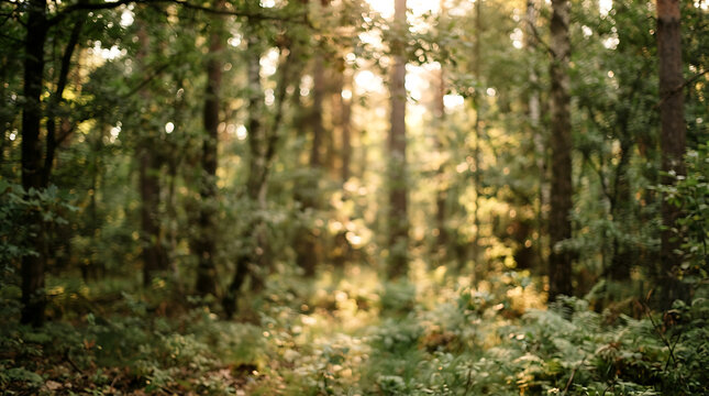Blurred forest background with golden sunlight. Bokeh nature scene with soft sun rays.