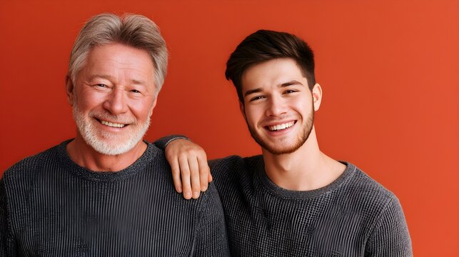 Smiling senior father and adult son, happy men posing together on red background, multi-generational family portrait
