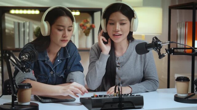 Podcast podcaster influencer creator content woman asian studio with microphone headphone and mixer recording interview, live stream, and social media in home setup two hosts engage, focus
