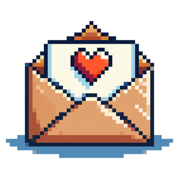 A pixel art design shows a brown envelope with a letter sticking out. The letter has a red heart on it, symbolizing love and connection