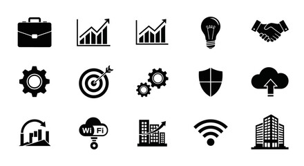 Fototapeta premium Business icons set with technology with displays collection black communication innovation briefcase lightbulb handshake building industry with security