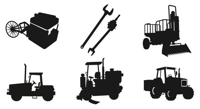 Heavy machinery and tools in black silhouette on white background with silhouettes construction vehicles wheelbarrow equipment transport industry