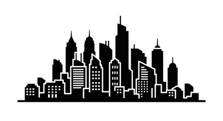 Fototapeta premium A black and white silhouette of a city skyline featuring numerous buildings of varying heights and architectural styles, creating a dense urban landscape.