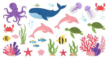 Fototapeta premium Cute Sea Creatures Vector Illustration Set Featuring Whale, Octopus, Dolphins, Turtles, and Colorful Coral Reef Elements